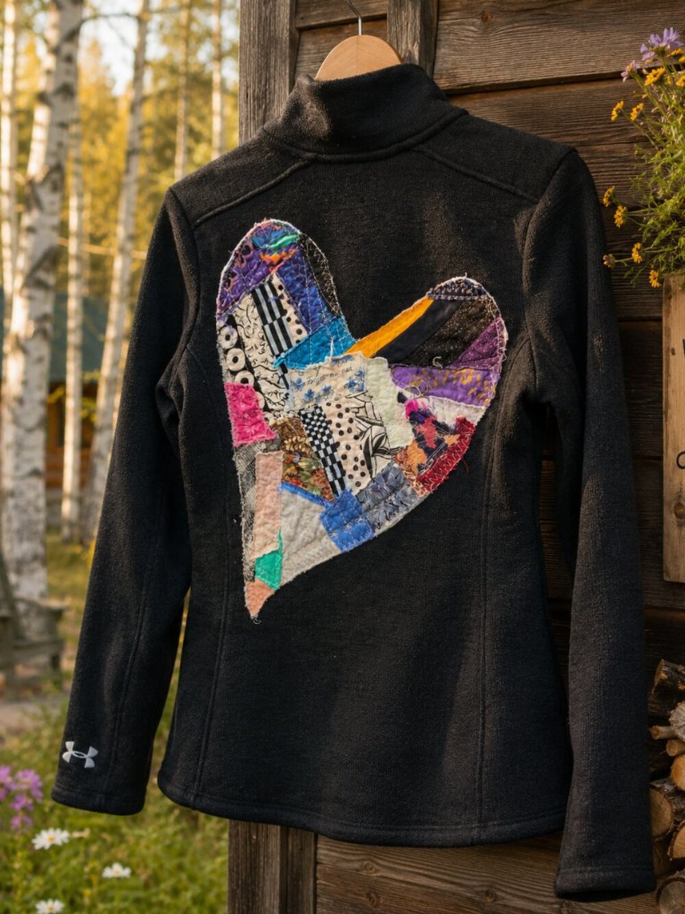 One of a Kind Upcycled Under Armour Fleece Pullover Patchwork Heart Art Sweater